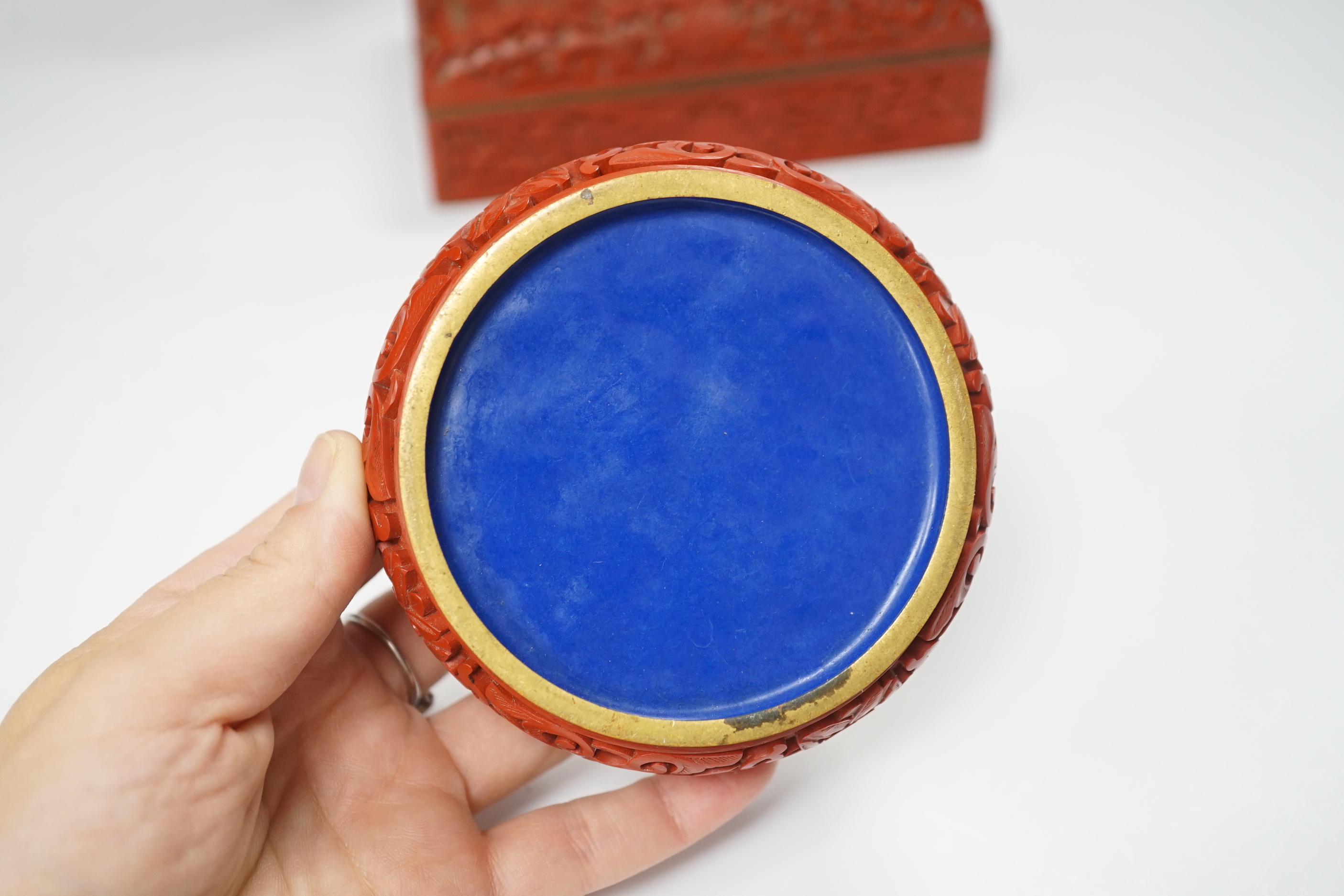 Three Chinese cinnabar lacquer items, a vase, an ashtray and a lidded box, vase 16.5cm